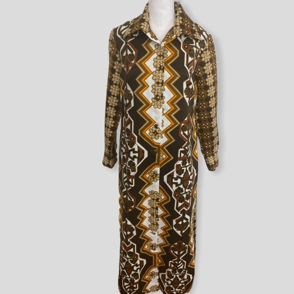 Vintage Lanvin Groovy Floral Geometric Print Long Button Down Dress